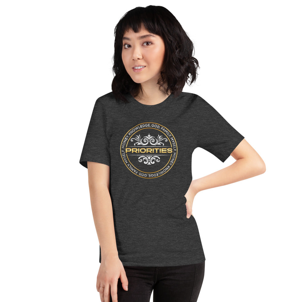Short-Sleeve Unisex T-Shirt / With Platinum & Gold Priorities logo.