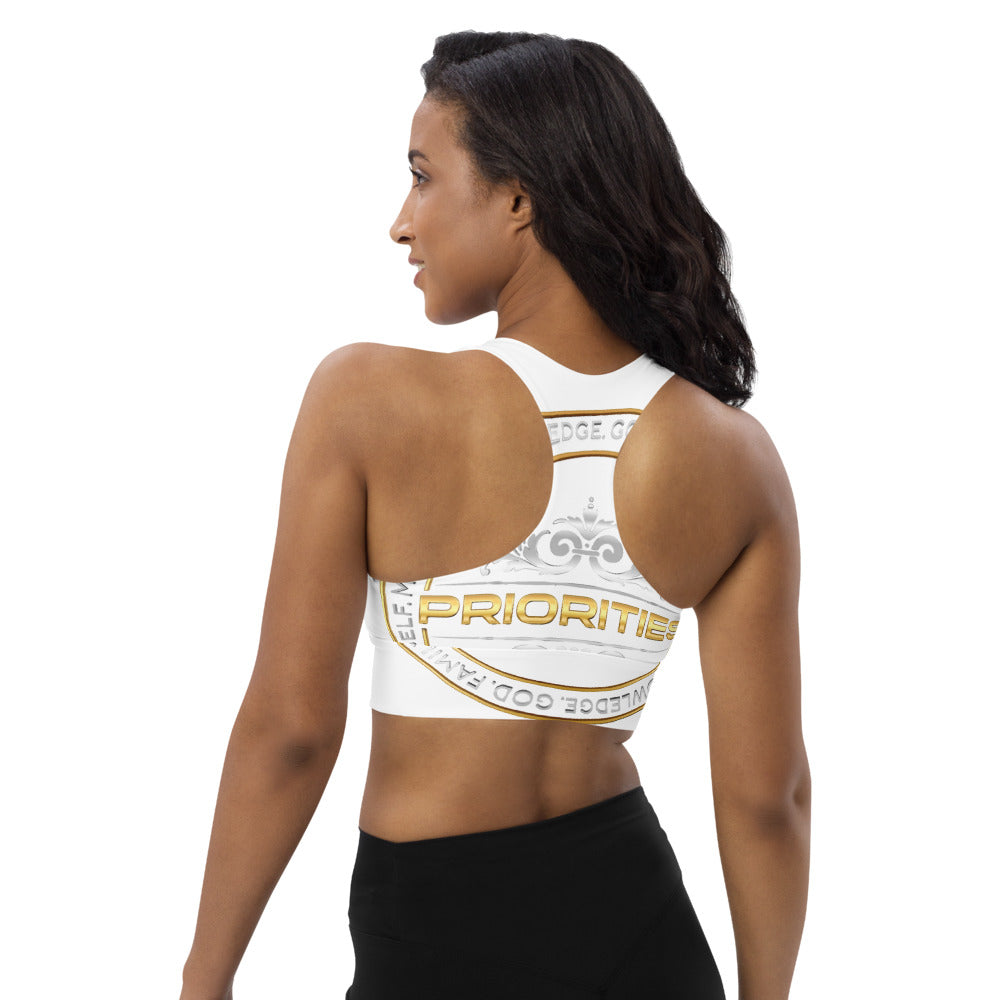 Longline sports bra / Platinum & Gold word Priorities spelled across the back