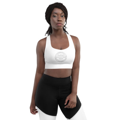 Longline sports bra / All Platinum  word Priorities spelled across the back