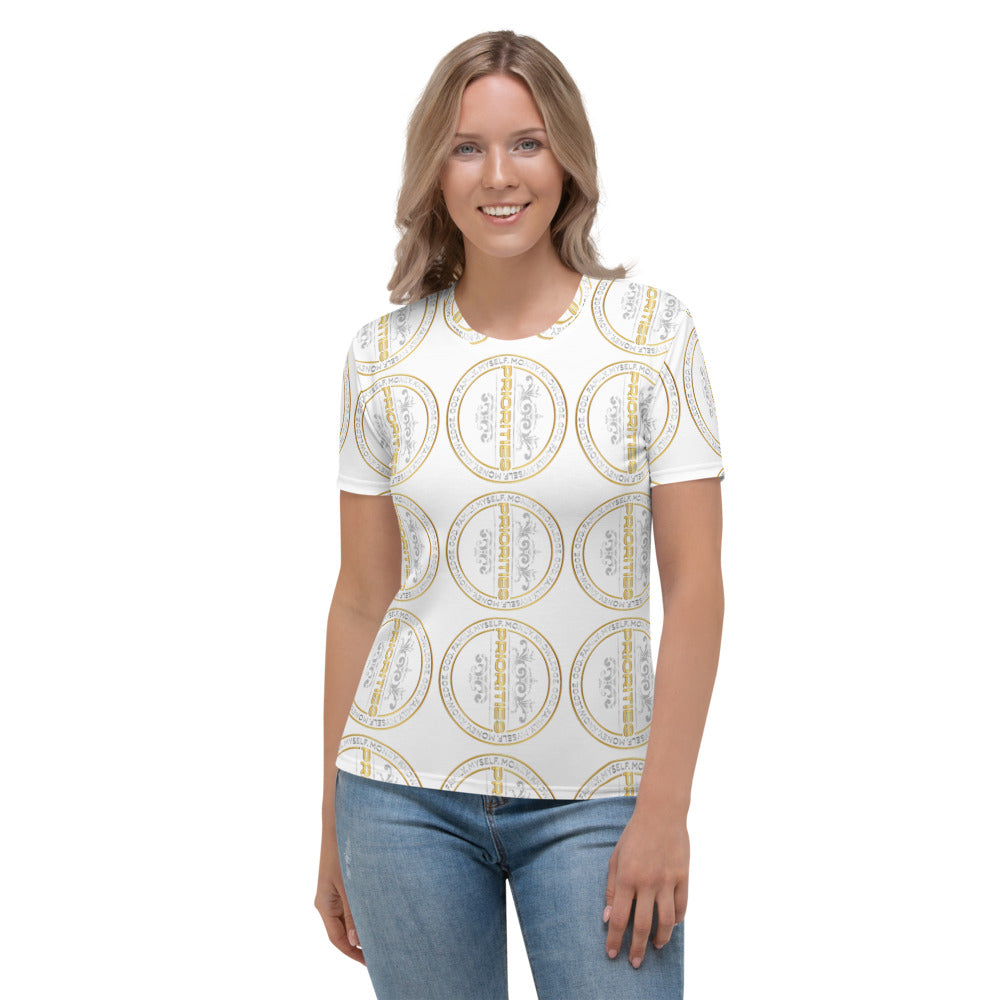 Women's T-shirt / With Platinum & Gold PRIORITIES logo.