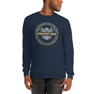 Men’s Long Sleeve Shirt / With the Platinum & Gold PRIORITIES logo.
