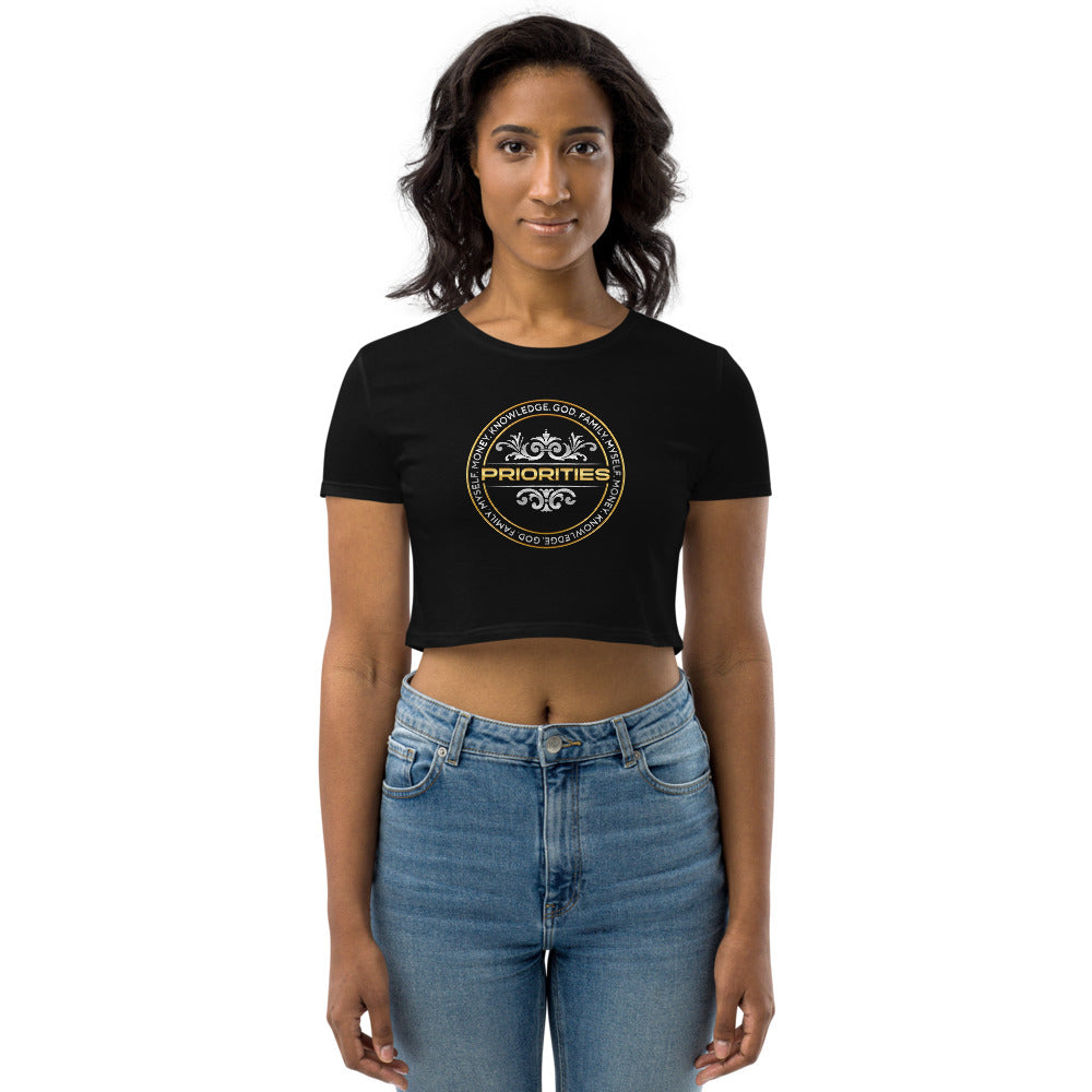 Organic Crop Top / With Platinum  & Gold Priorities logo.