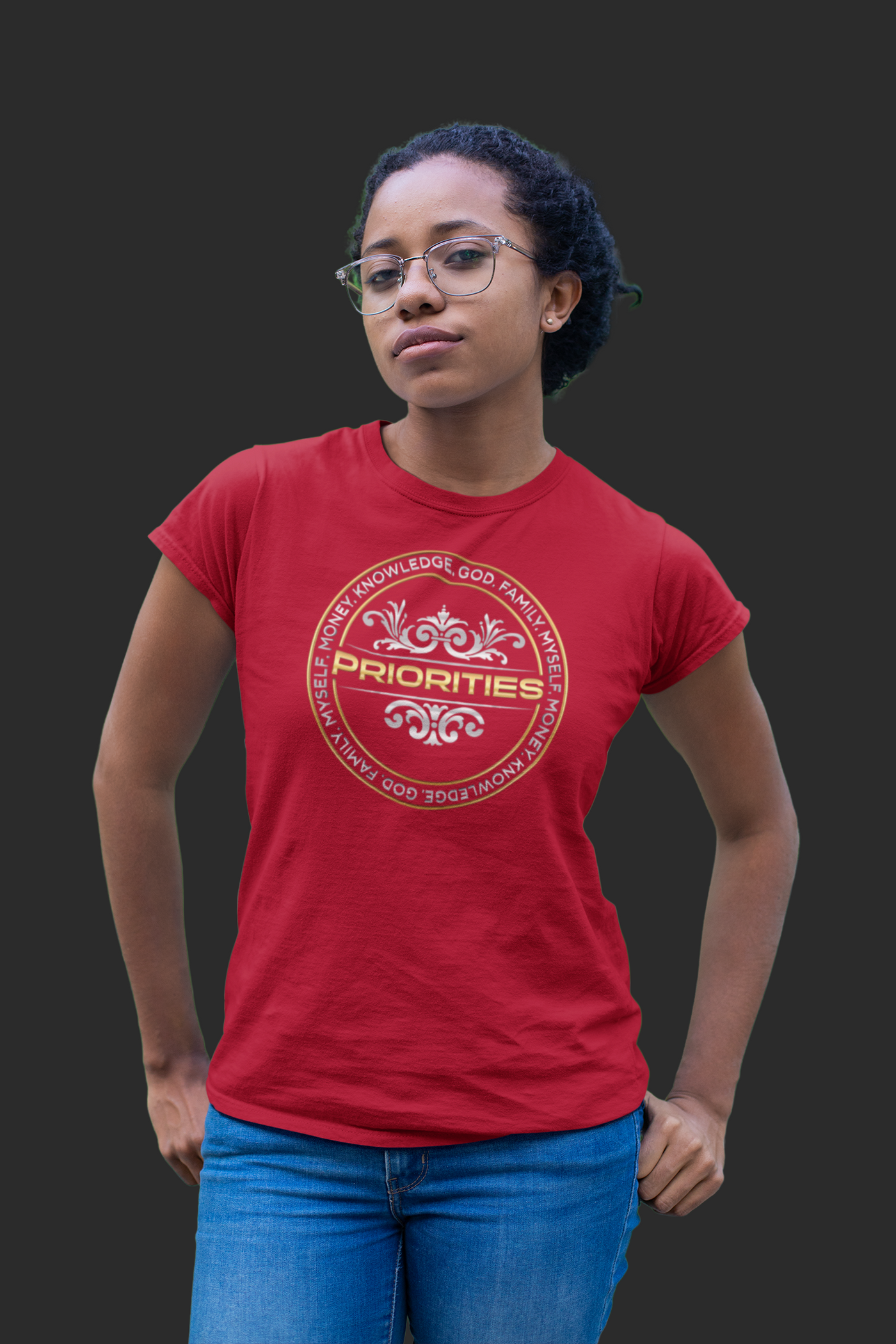 Short-Sleeve Unisex T-Shirt / With Platinum & Gold Priorities logo.