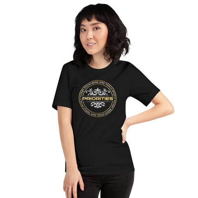 Short-Sleeve Unisex T-Shirt / With Platinum & Gold Priorities logo.