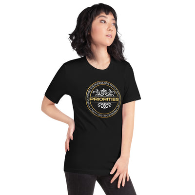Short-Sleeve Unisex T-Shirt / With Platinum & Gold Priorities logo.