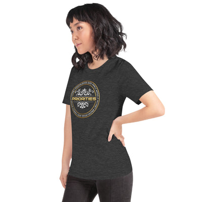 Short-Sleeve Unisex T-Shirt / With Platinum & Gold Priorities logo.