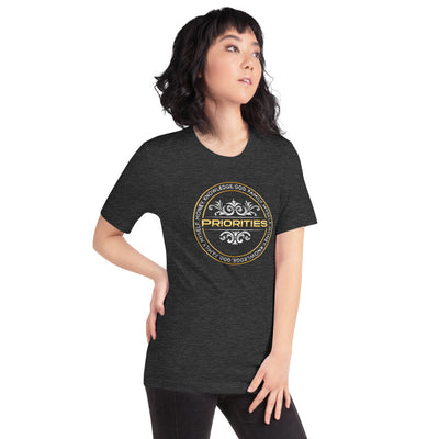 Short-Sleeve Unisex T-Shirt / With Platinum & Gold Priorities logo.