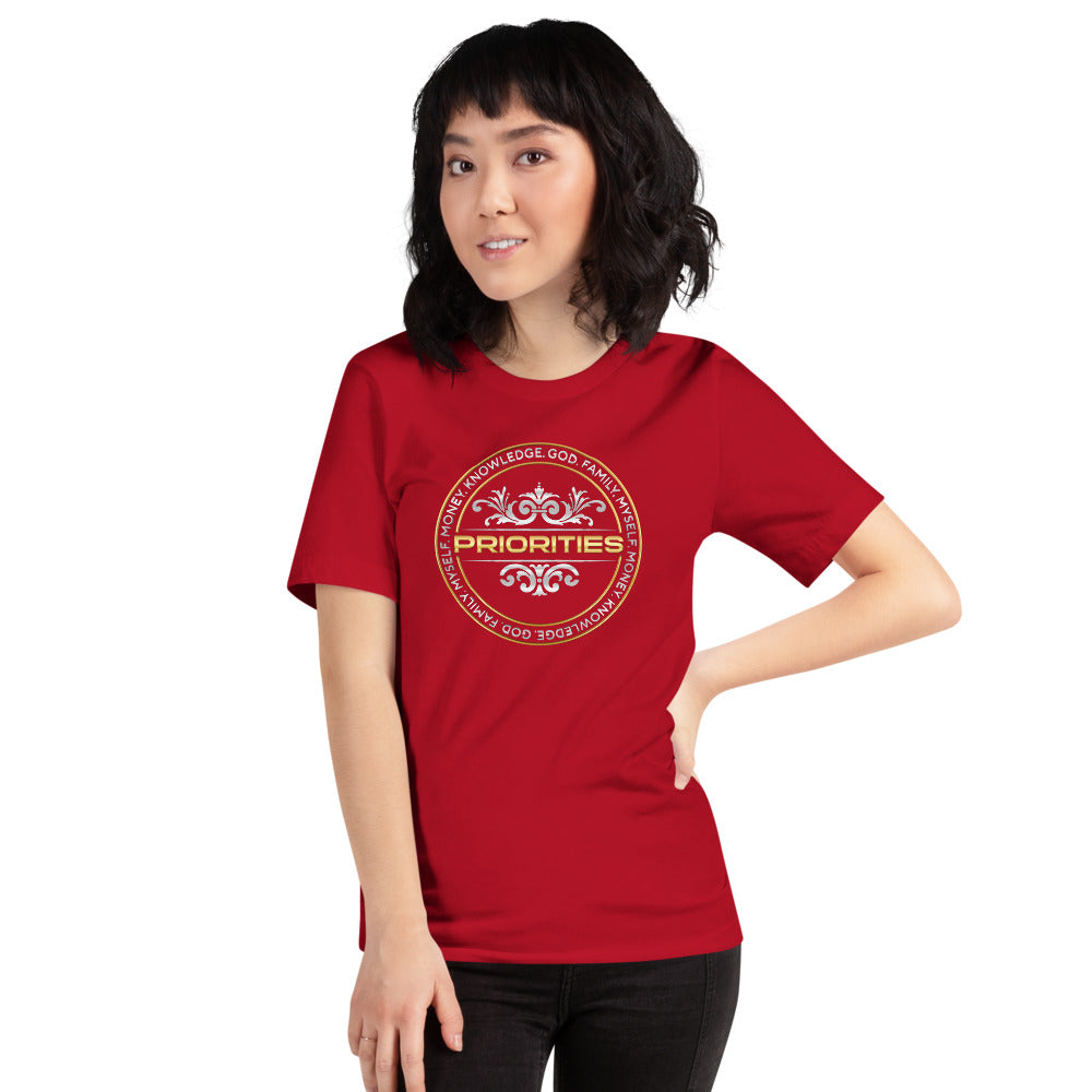 Short-Sleeve Unisex T-Shirt / With Platinum & Gold Priorities logo.
