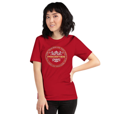 Short-Sleeve Unisex T-Shirt / With Platinum & Gold Priorities logo.
