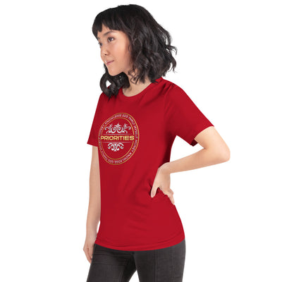 Short-Sleeve Unisex T-Shirt / With Platinum & Gold Priorities logo.
