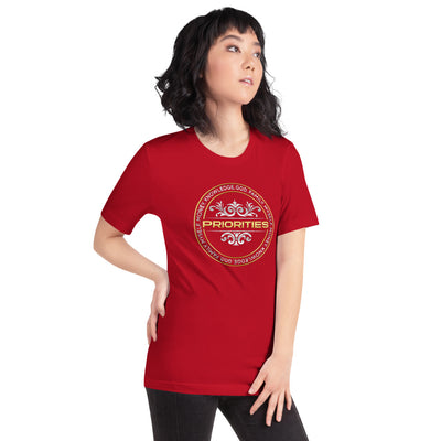 Short-Sleeve Unisex T-Shirt / With Platinum & Gold Priorities logo.