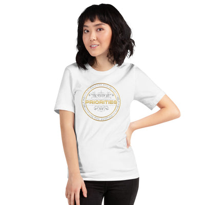 Short-Sleeve Unisex T-Shirt / With Platinum & Gold Priorities logo.