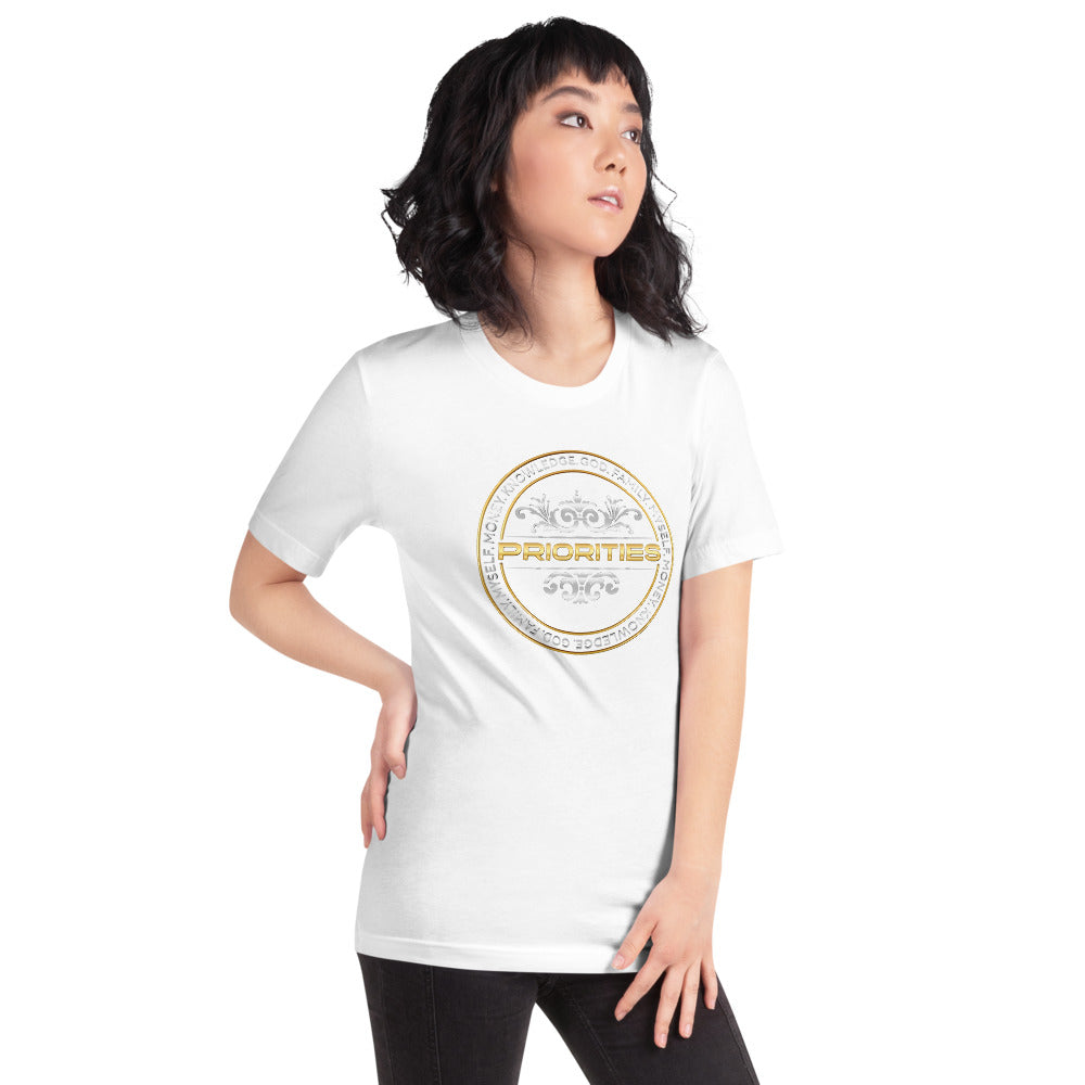 Short-Sleeve Unisex T-Shirt / With Platinum & Gold Priorities logo.