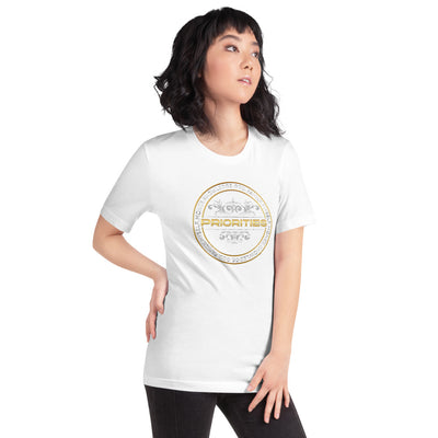 Short-Sleeve Unisex T-Shirt / With Platinum & Gold Priorities logo.